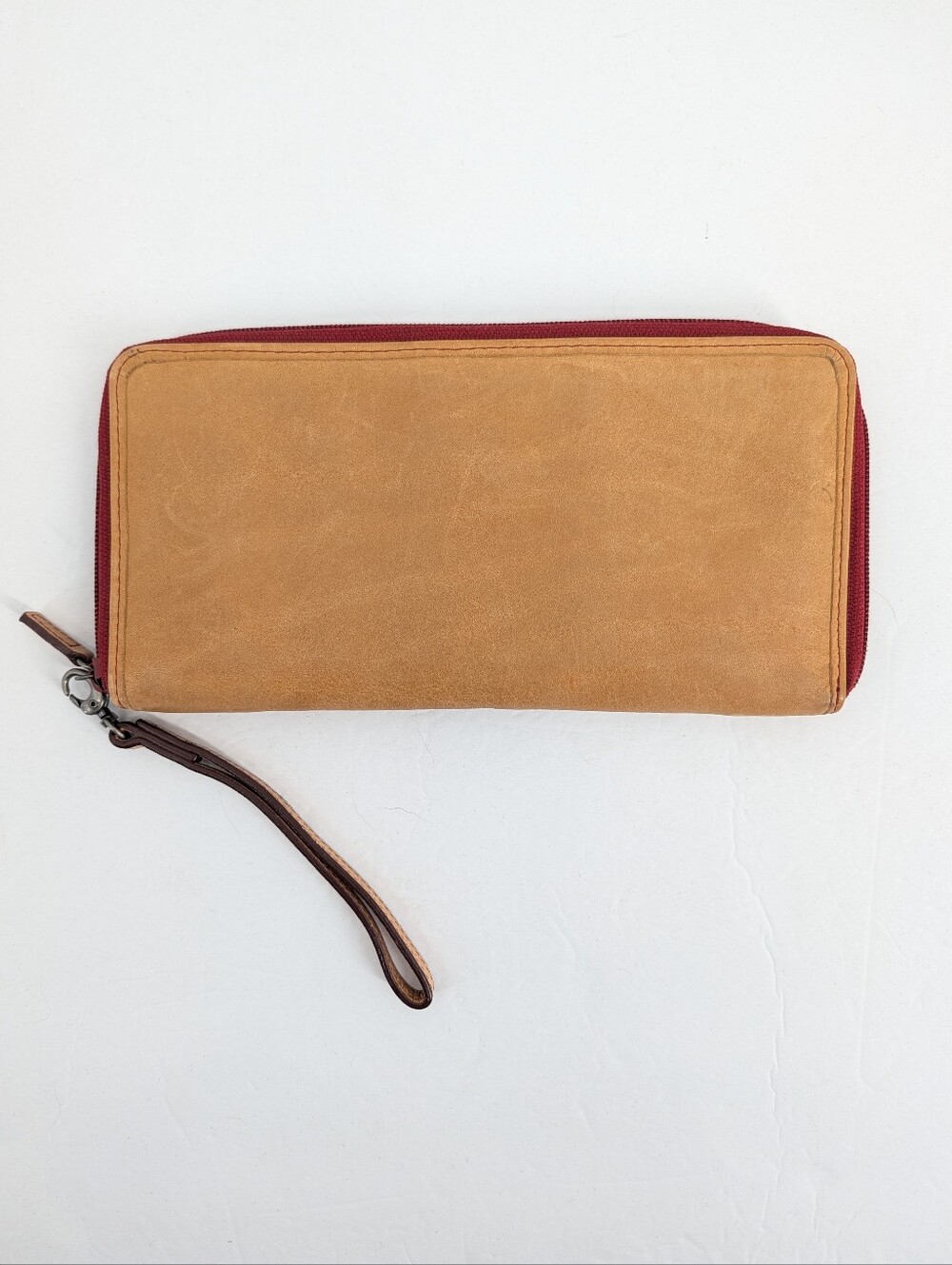 Fossil Passport Travel Wristlet Wallet Zip Tan Leather